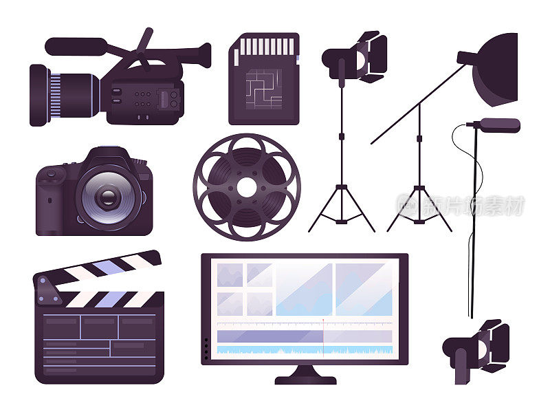 Video production equipment flat concept icons set. Professional camera, clapboard, movie reel stickers, cliparts pack. Filmmaking tools. Isolated cartoon illustrations on white background